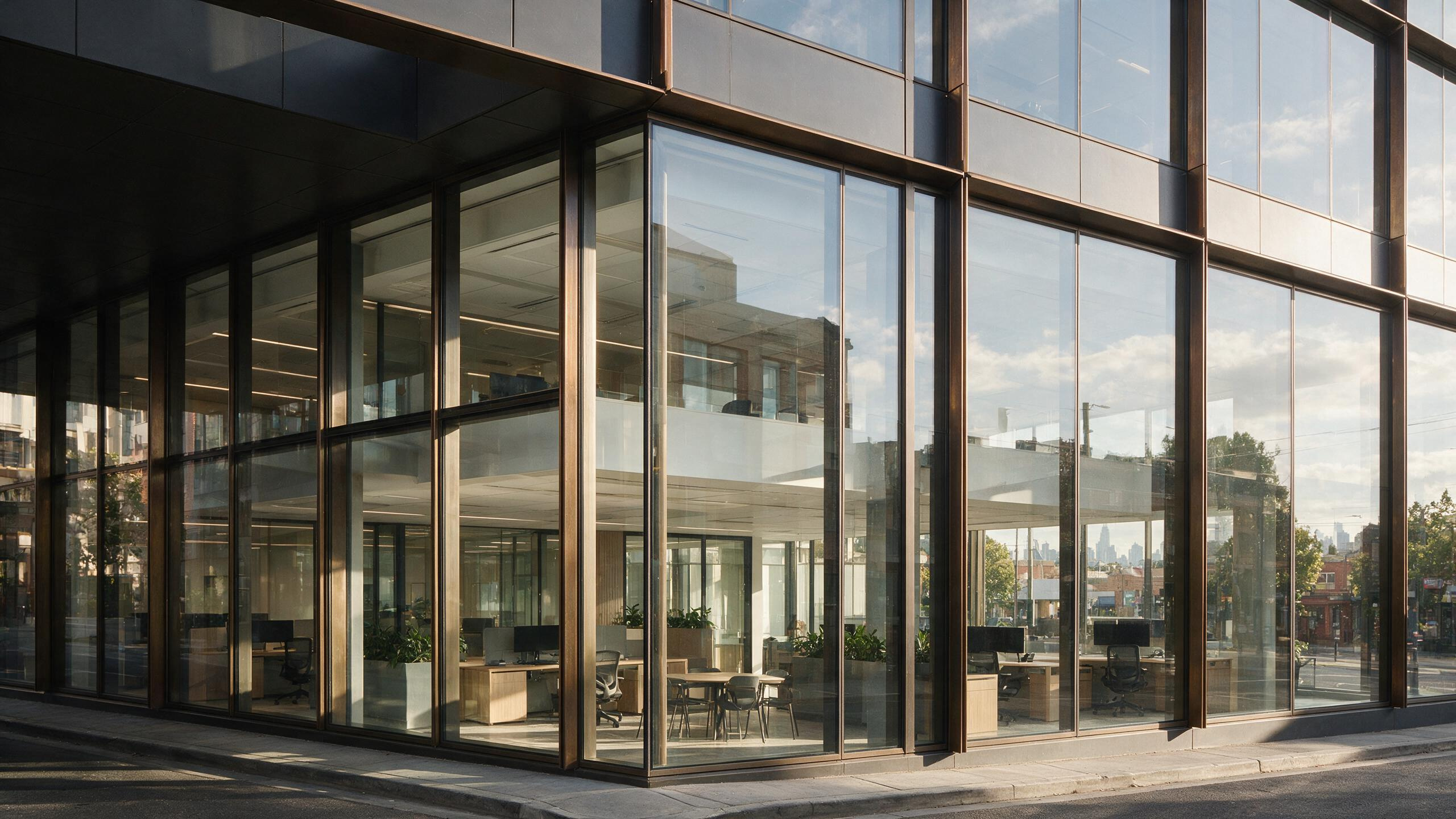 A corner commercial building in Melbourne with clear glazing, the fitted office visible from the street: desks, monitors, task chairs and a meeting table