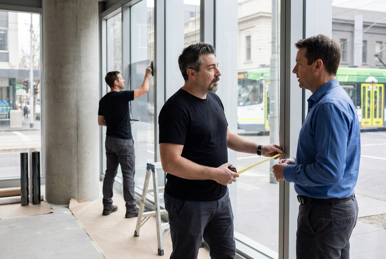 Technician applying window film to commercial glazing while two people review measurements beside the window.