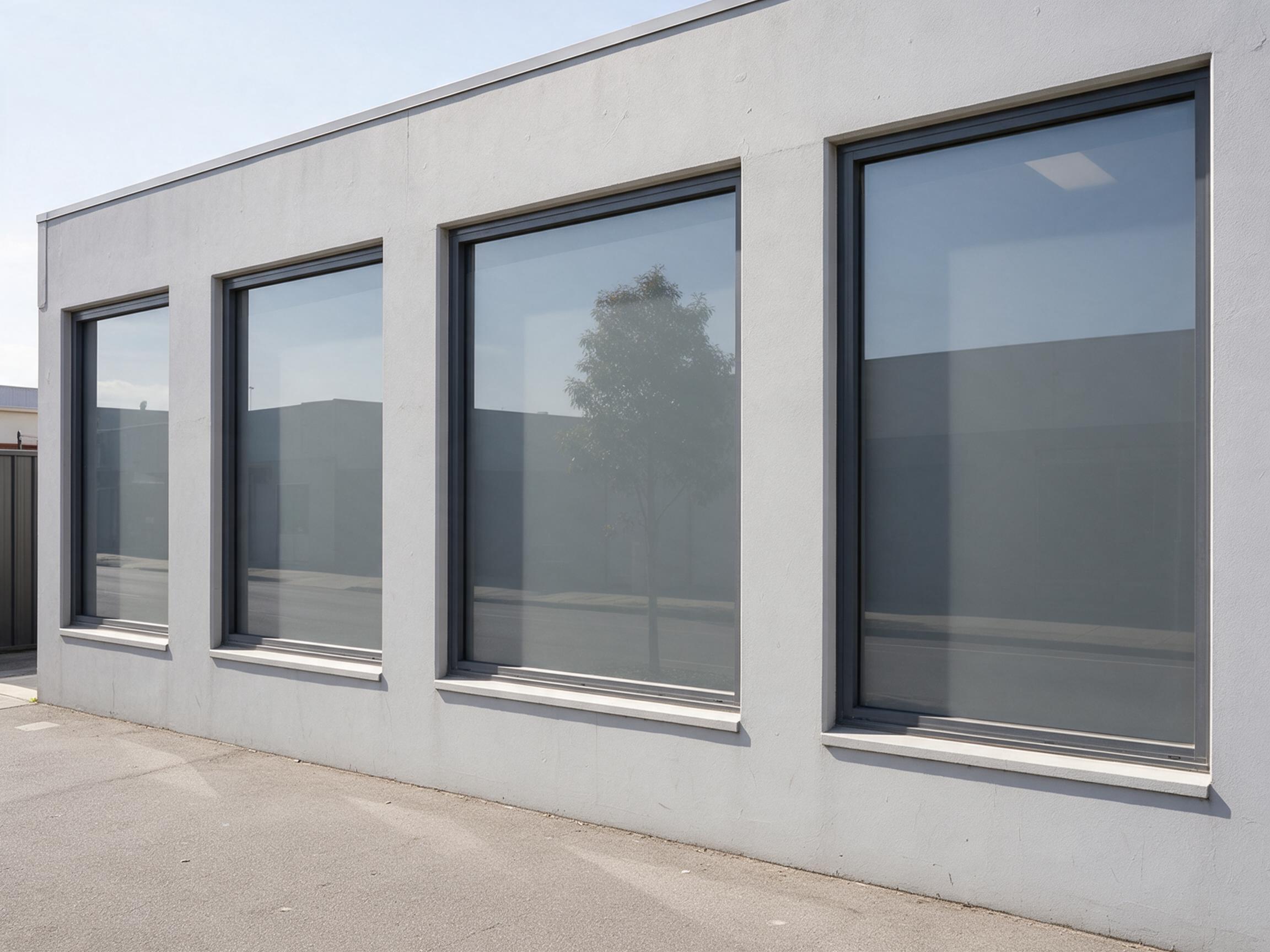 A low rendered commercial building with four large windows, every pane returning the sky, a street tree and the building opposite rather than the rooms behind