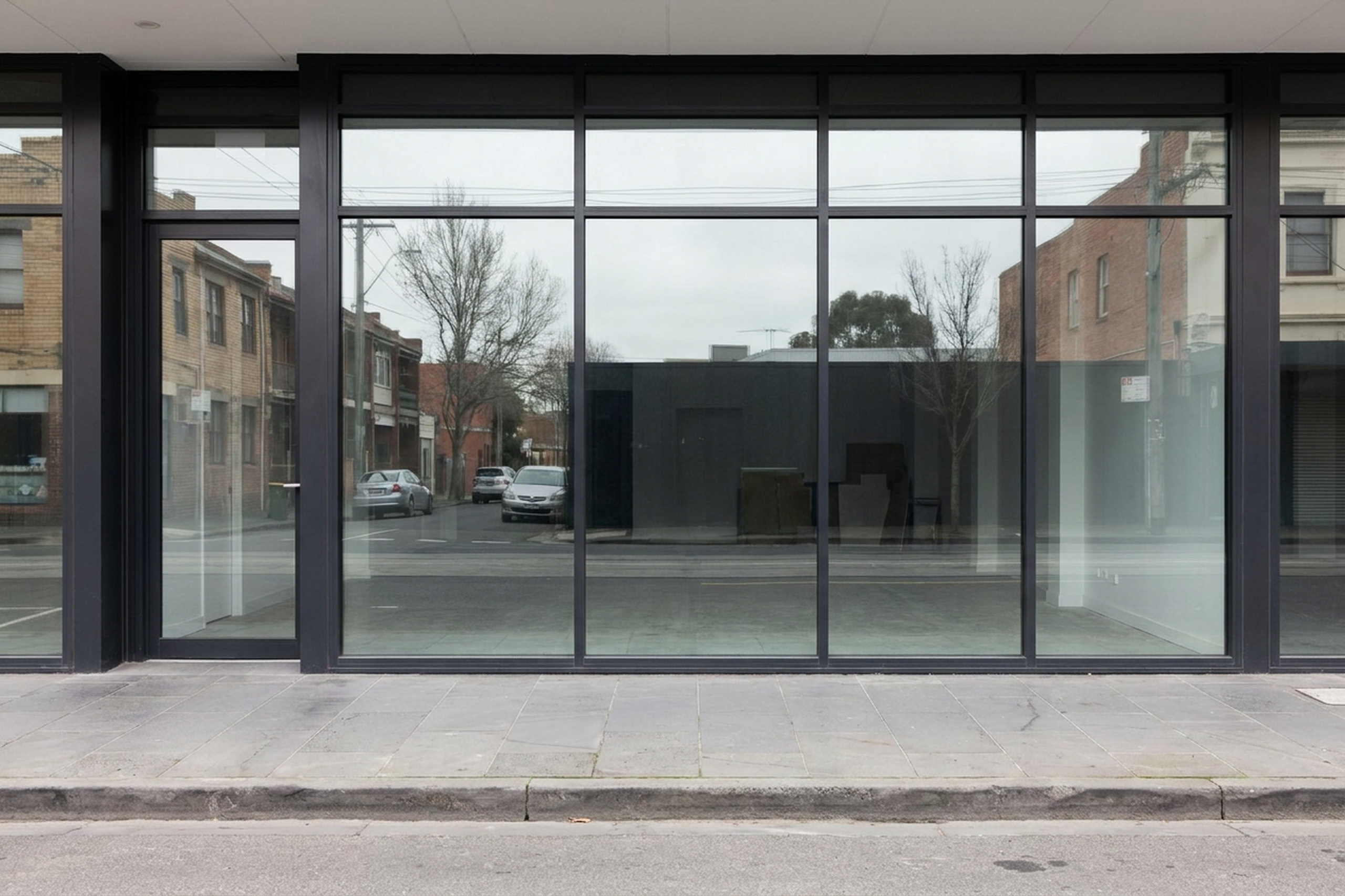 A street facing commercial shopfront in daylight, its glazing returning the terraces, parked cars and sky opposite rather than the room behind it