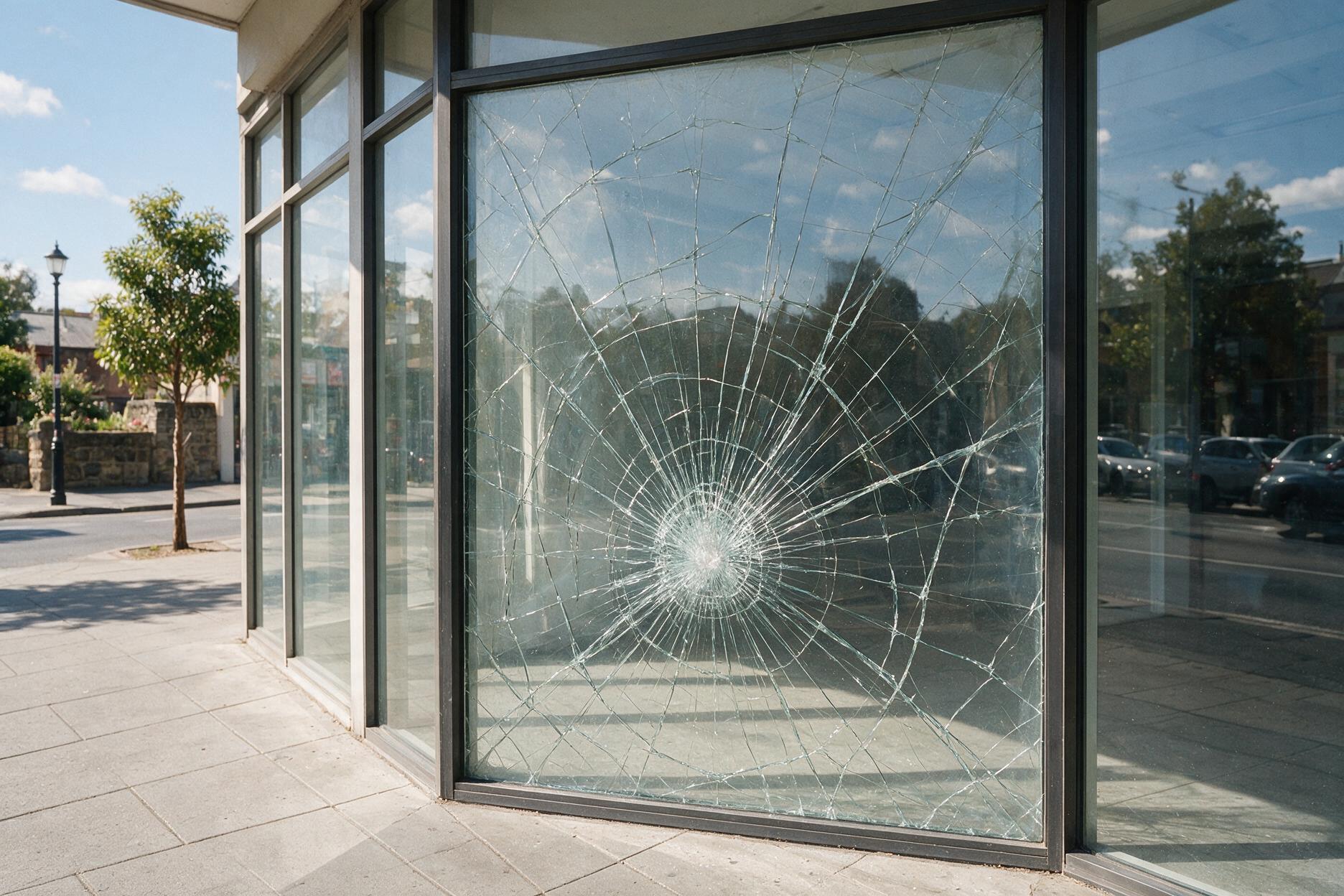 A commercial shopfront pane after an impact: cracks run out from a single point and the whole pane is still standing in its frame, with no glass on the footpath