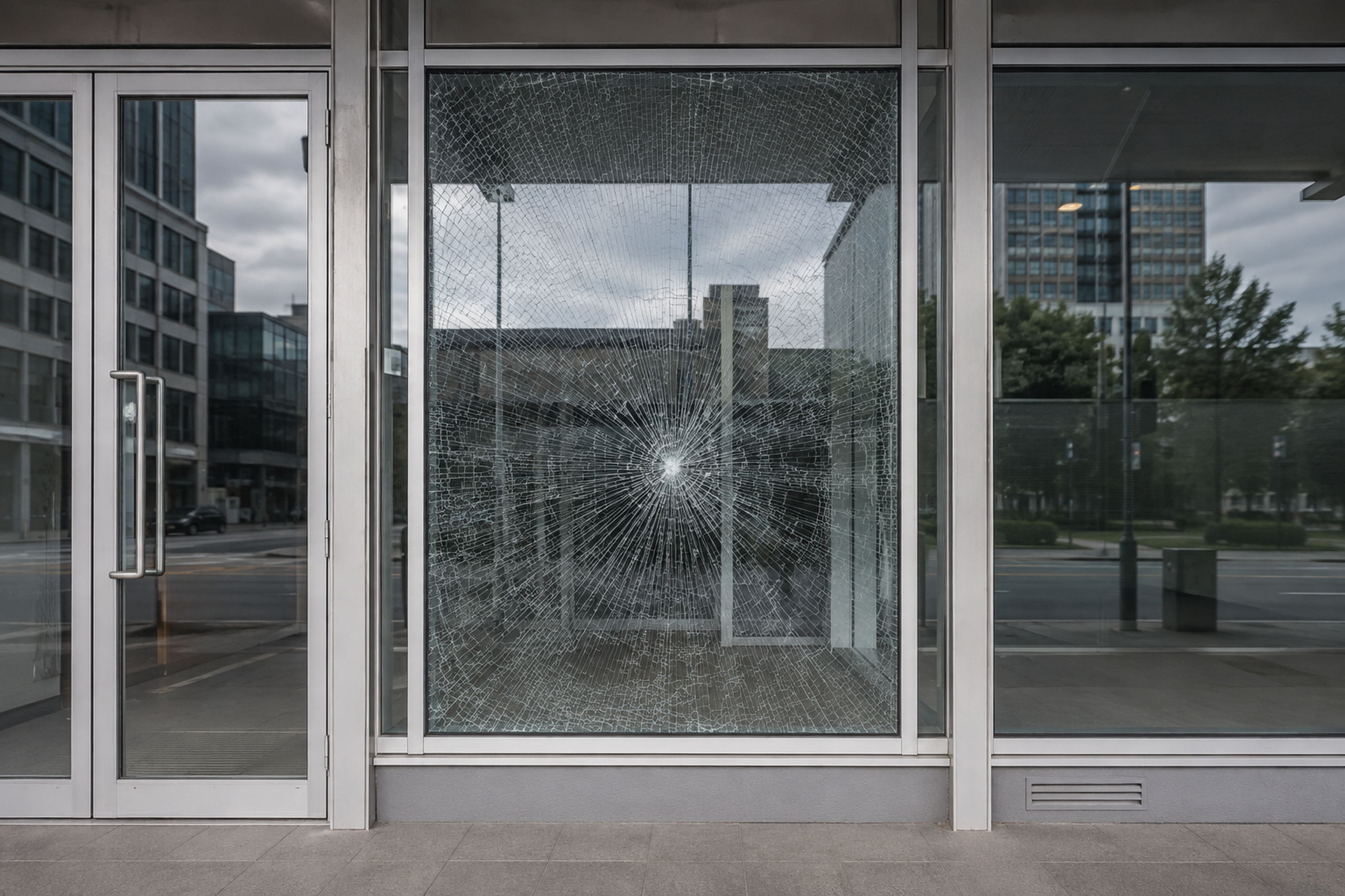 A commercial shopfront pane after an impact: the glass is fractured across its full width and still standing in its frame