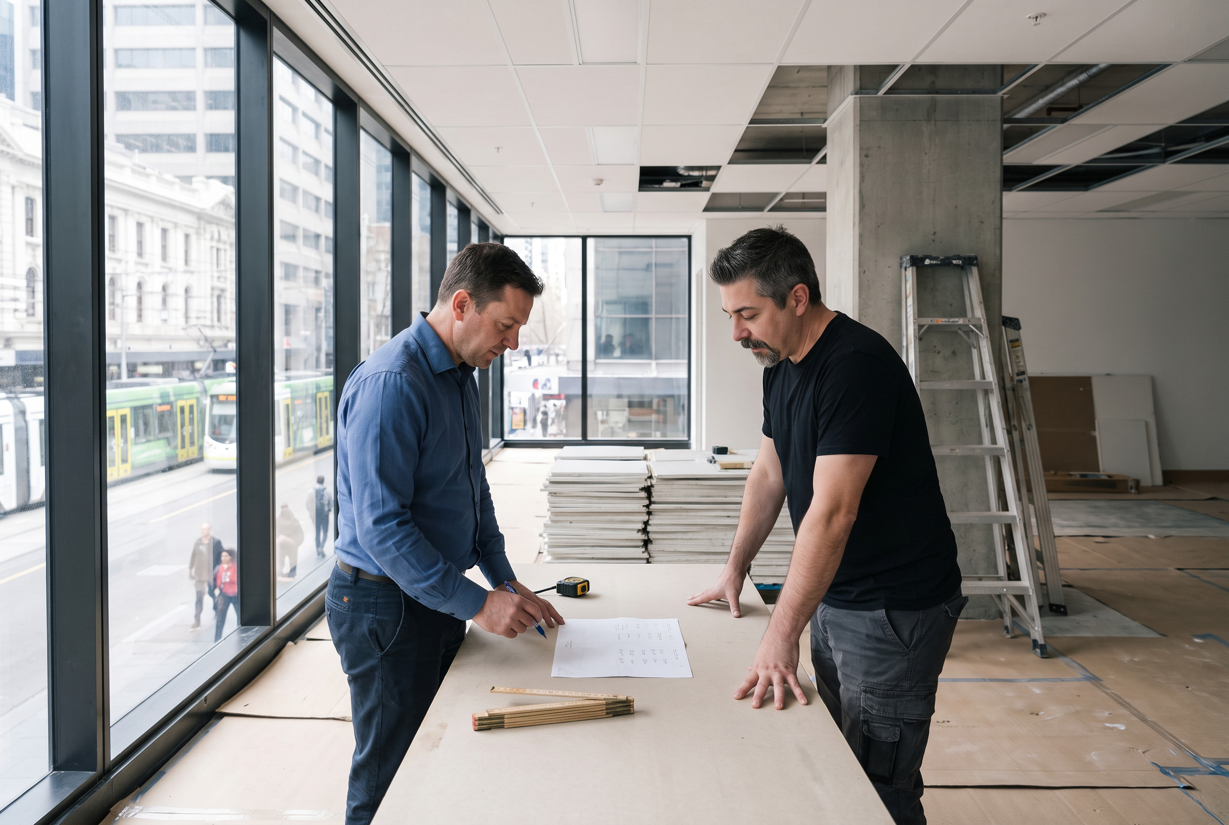 A consultation in an unfinished commercial fitout: two people either side of a worktable reviewing a drawing, a tape measure and a folding rule on the bench, a Melbourne street and tram through the glazing behind them