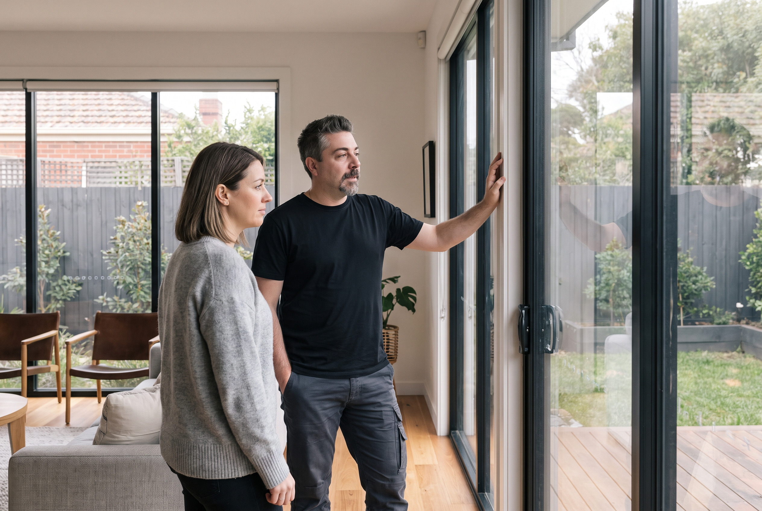A consultation in a living room: two people standing at full height glazing, one of them checking the pane with a flat hand while the other looks on, the garden beyond the glass