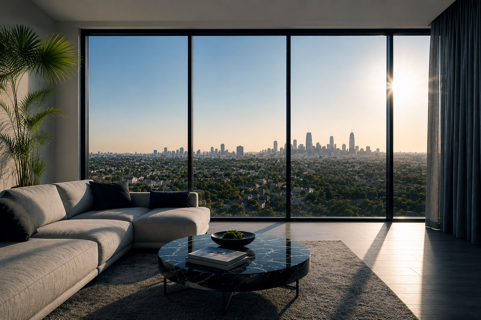 A living room in the late afternoon, full height glazing along one wall, the low sun across the floor and the skyline clear through the glass