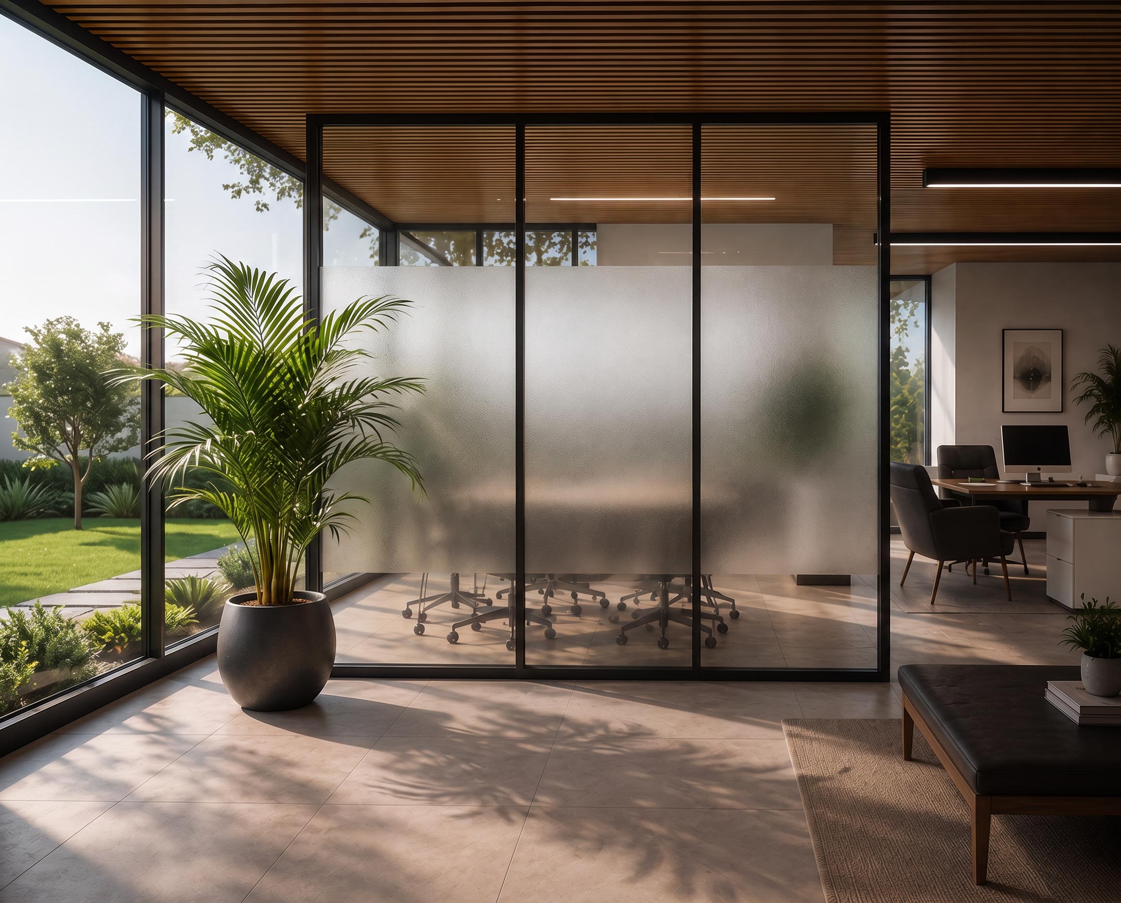 An office partition of frosted glass panels between a planted courtyard and a meeting room, the chairs beyond it visible only as shapes