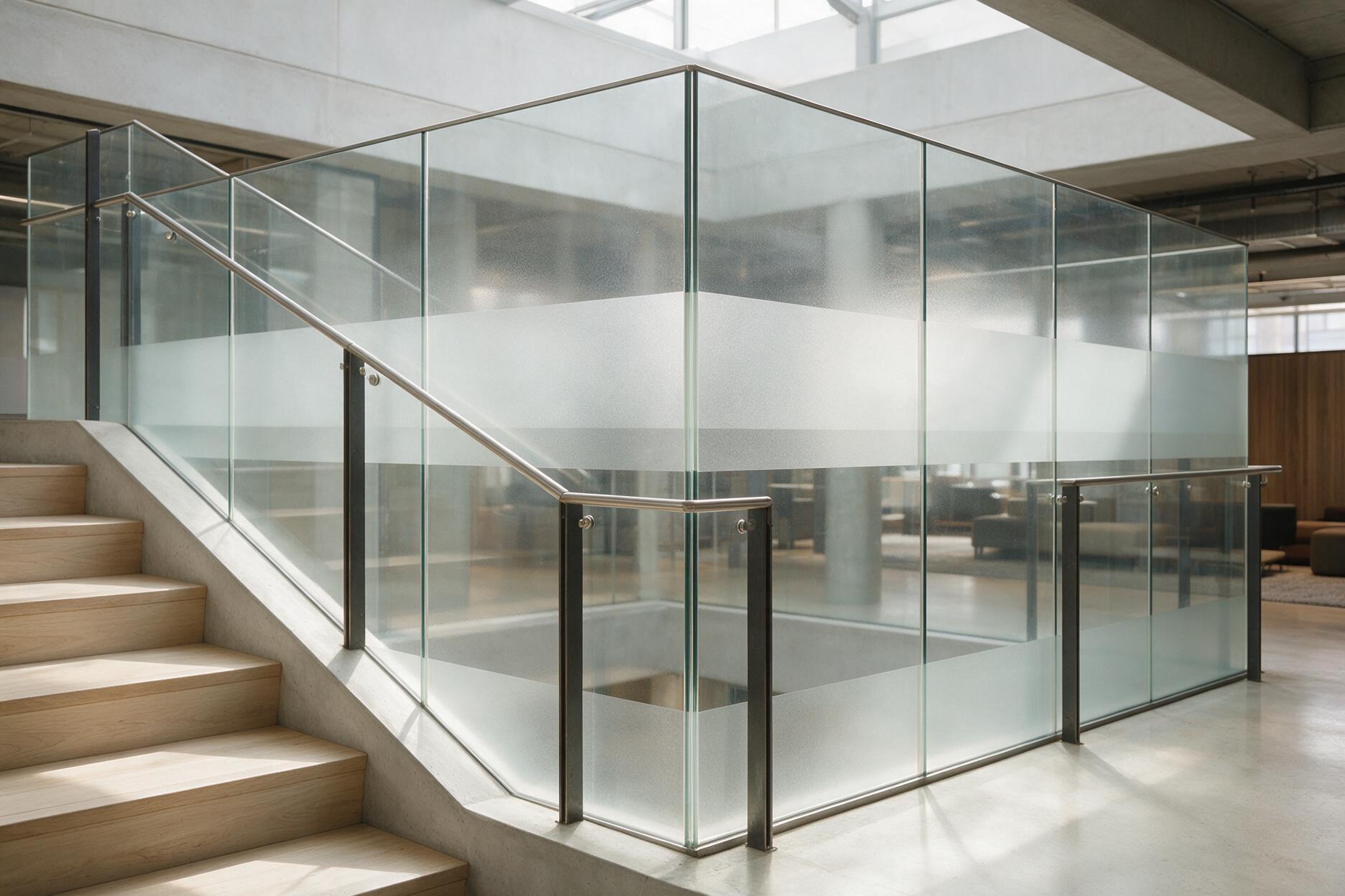 A glass balustrade beside a stair in a workplace, a broad frosted band running across every panel and continuing in line around the corner