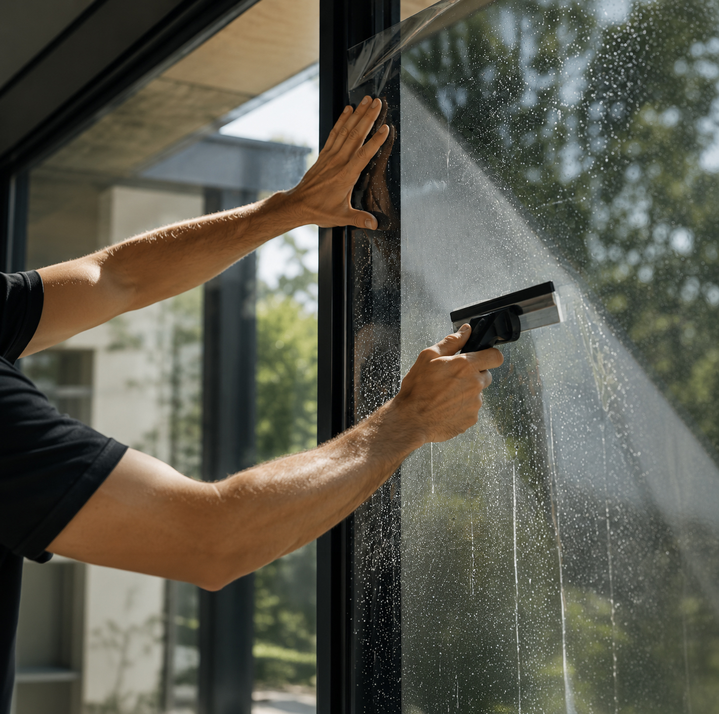 Two hands applying window film to a large glass pane with a squeegee, the wet film being smoothed flat in natural daylight