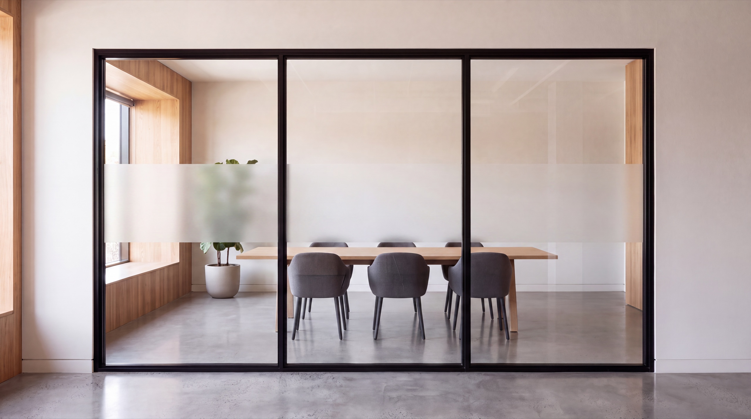 The same partition with one broad frosted band across the middle of each panel, the glass clear above and below it
