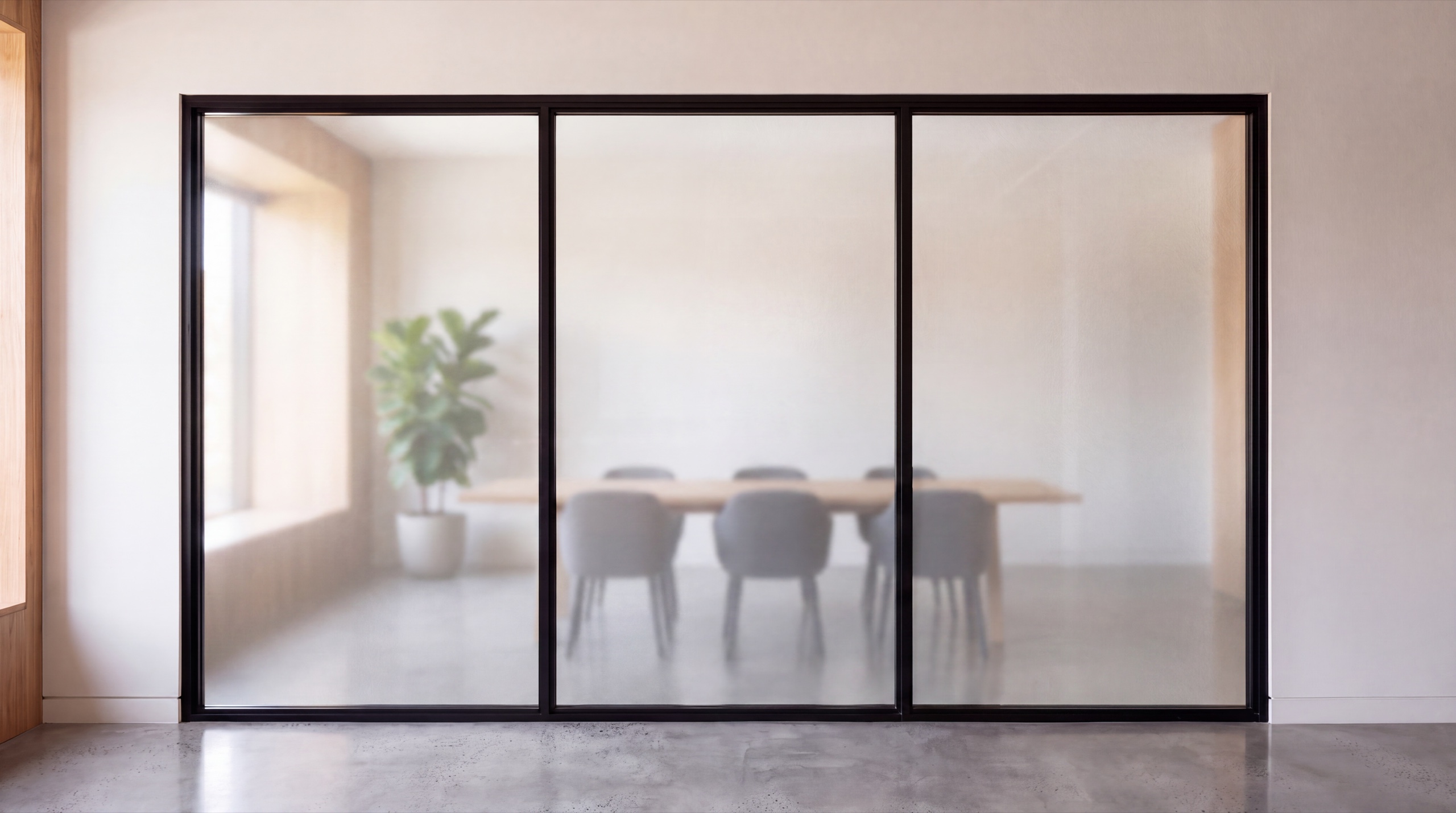 The same partition with frosted film across the full height of every panel: the chairs behind read as soft silhouettes and the daylight still passes through