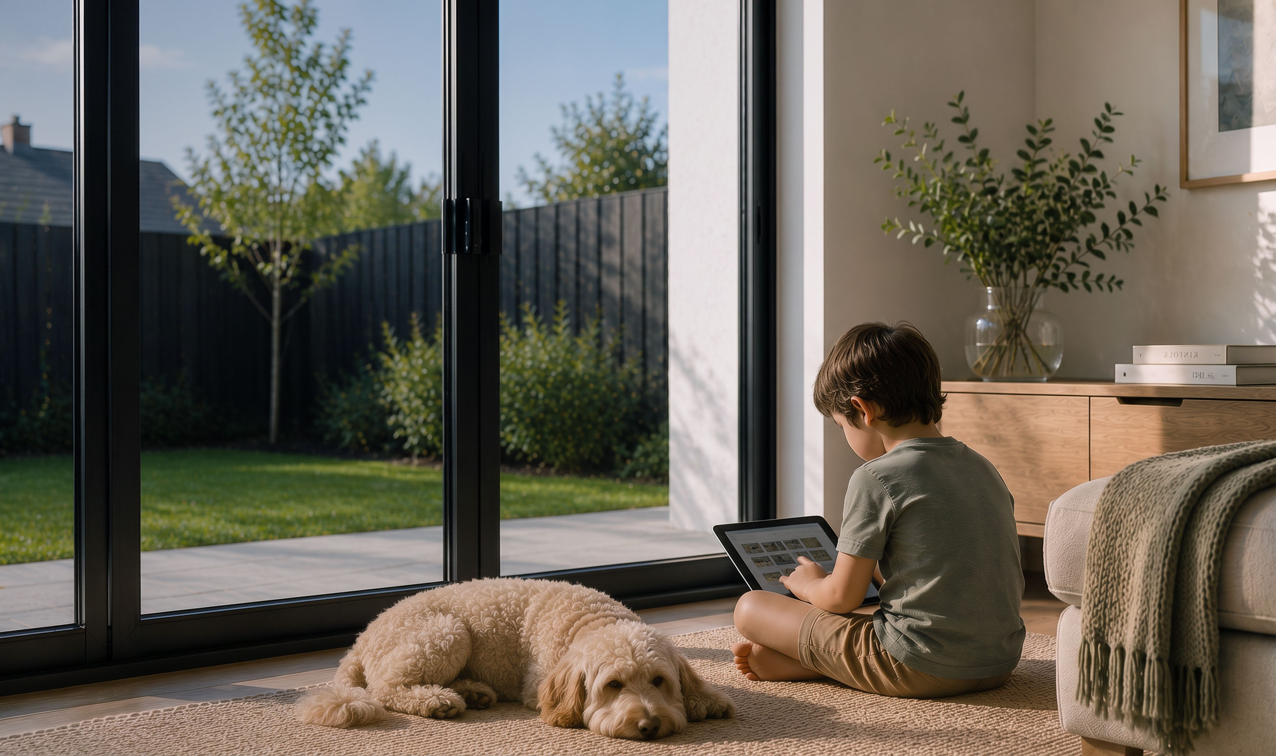 A child sitting on a rug reading a tablet beside open floor to ceiling sliding doors, the screen legible and the garden bright behind it