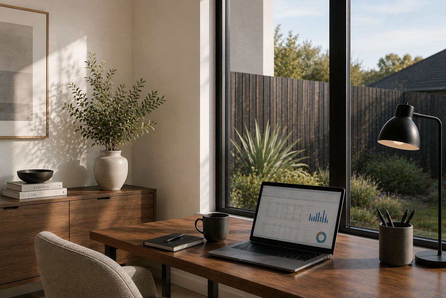 A home office desk beside a bright window, the laptop screen legible against the daylight behind it