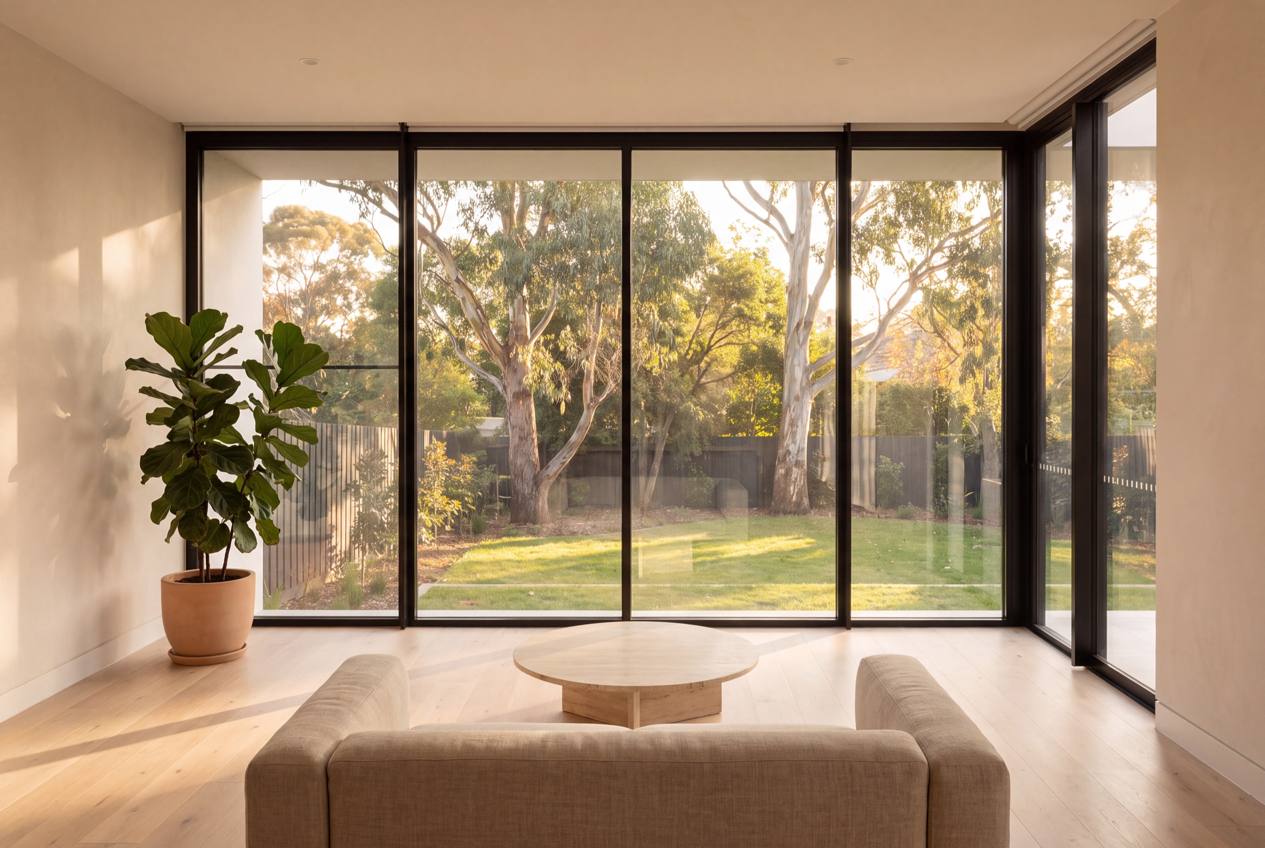 A living room looking out through full height glazing to a sunlit garden, the room evenly lit rather than glaring