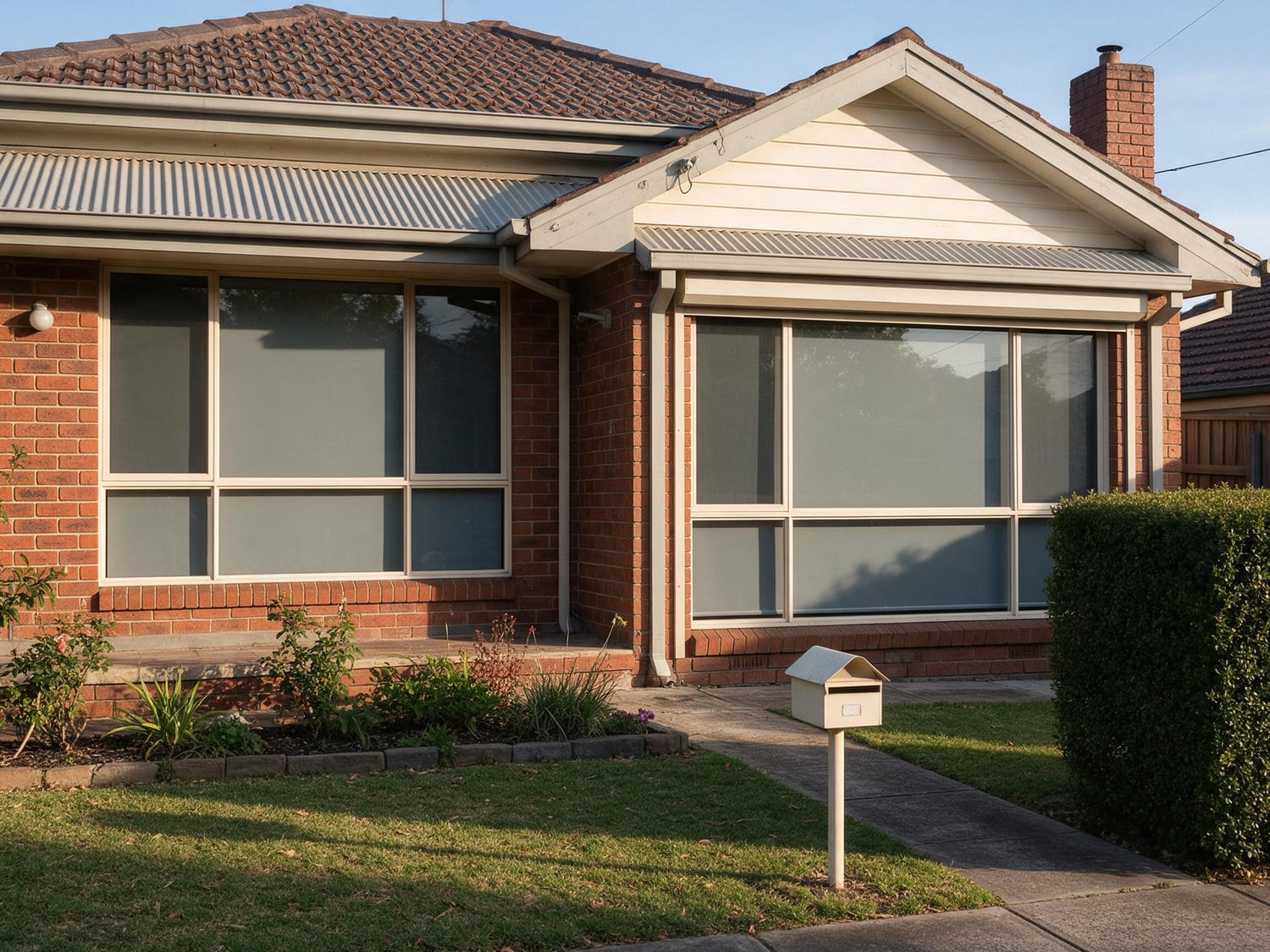 The front of a brick and weatherboard house in late afternoon light, solar film across a group of windows giving each pane an even neutral reflection