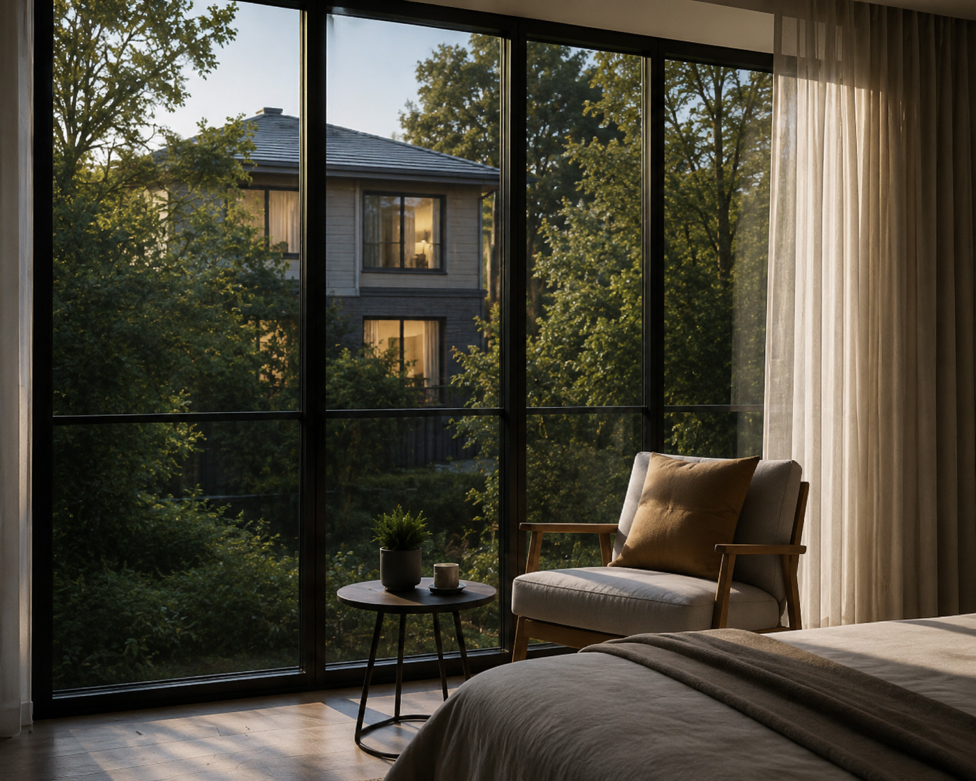 A bedroom with full height glazing looking out to trees and a neighbouring house, its windows lit, close enough to see