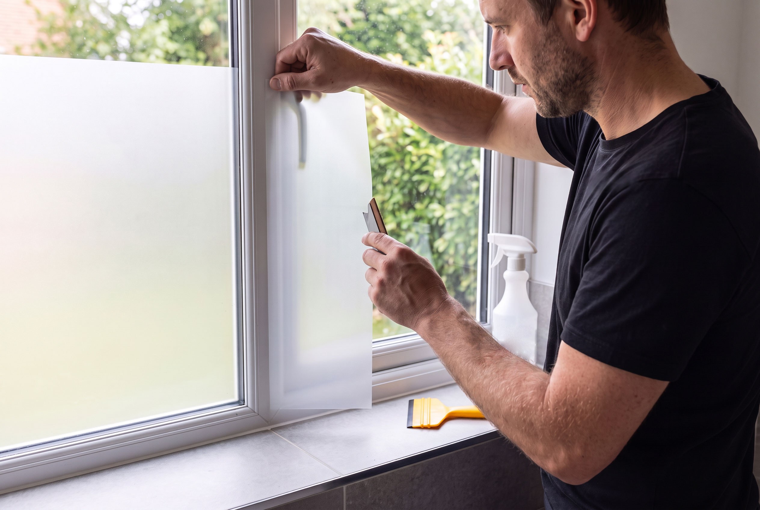 A person holding a sheet of frosted film against a window pane with a hand card ready in the other hand, a plain spray bottle and a trimming tool on the sill, and an already frosted pane beside it