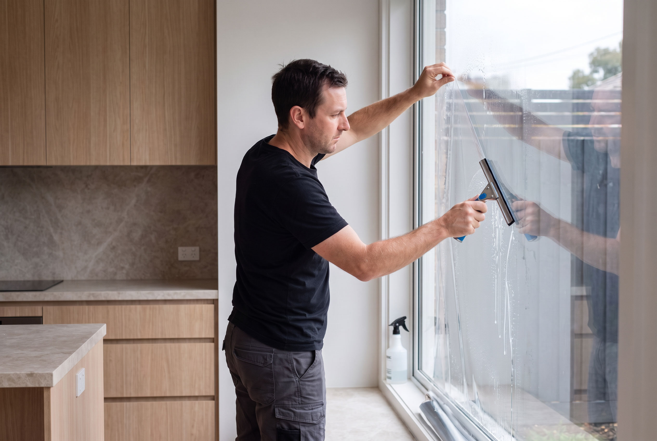A person drawing a squeegee down a wet sheet of film on a full height kitchen window, the water running ahead of the blade and a spray bottle on the sill
