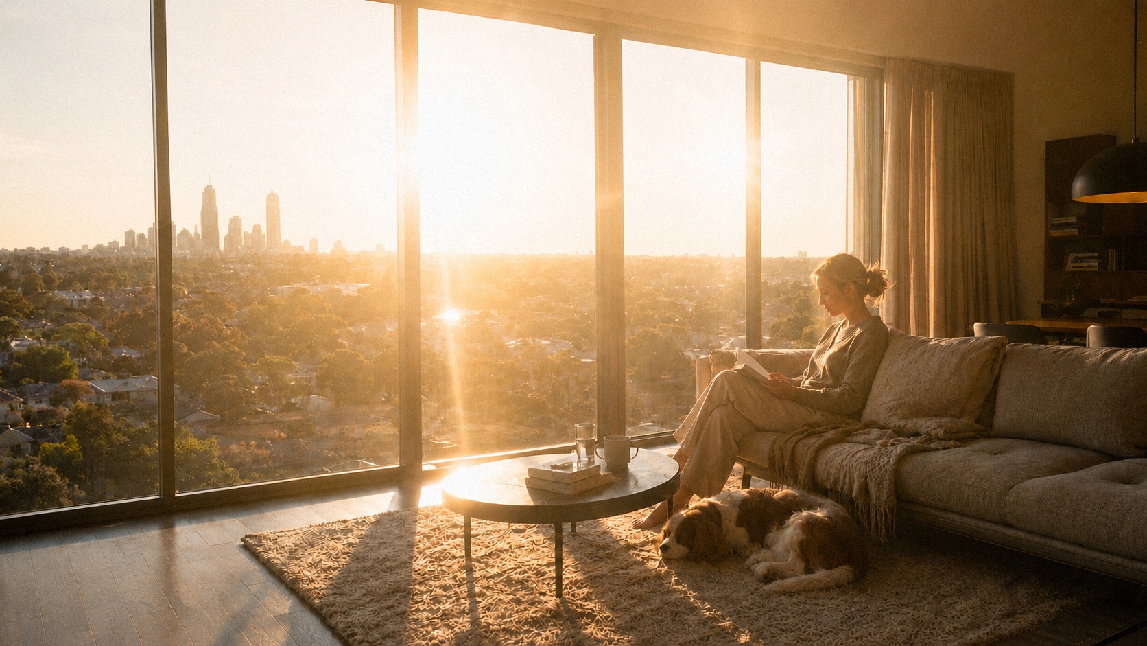 A calm Melbourne living room in the late afternoon, a woman reads on the sofa, a dog sleeps on the rug, and the skyline is clear through the full-height windows. With window film, the harsh glare is gone.