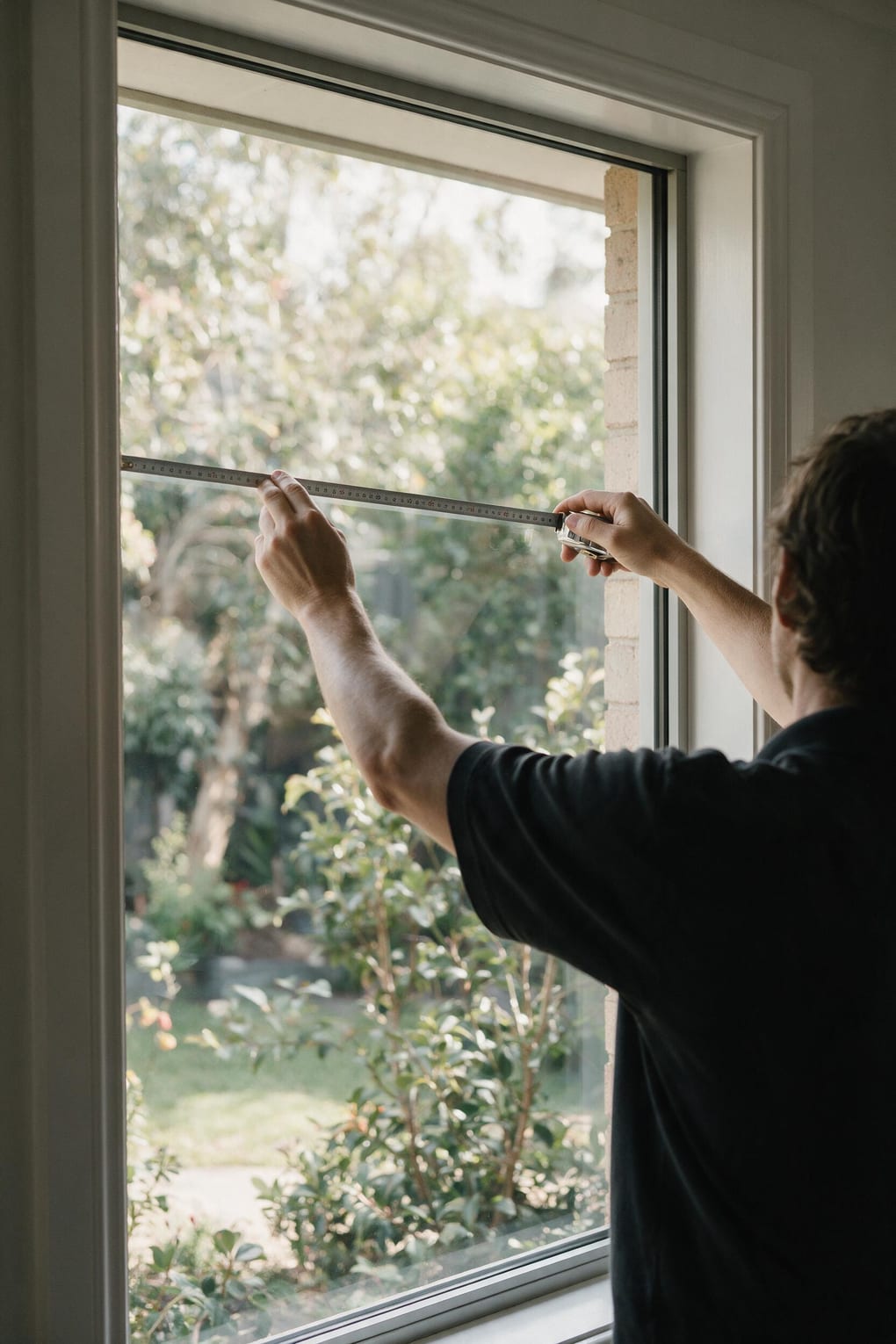 A person measuring the width of the visible glass inside a window frame