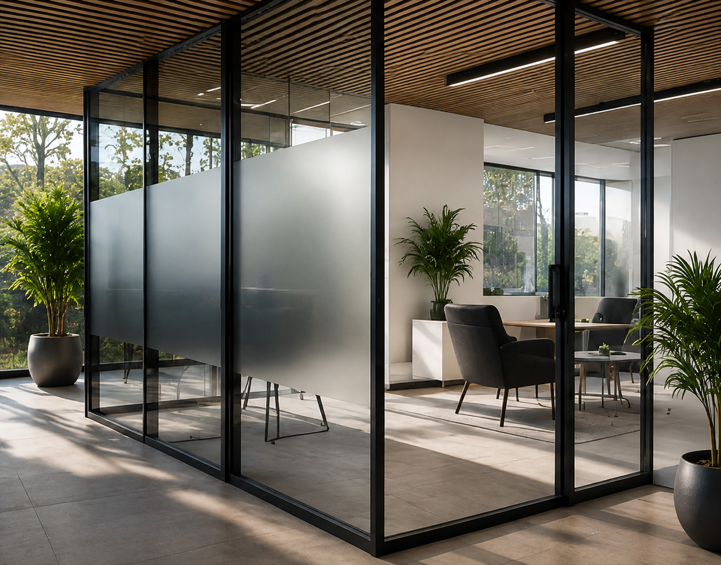 An office partition with a banded frosted finish across clear glazing, planting in front of it and a meeting room beyond