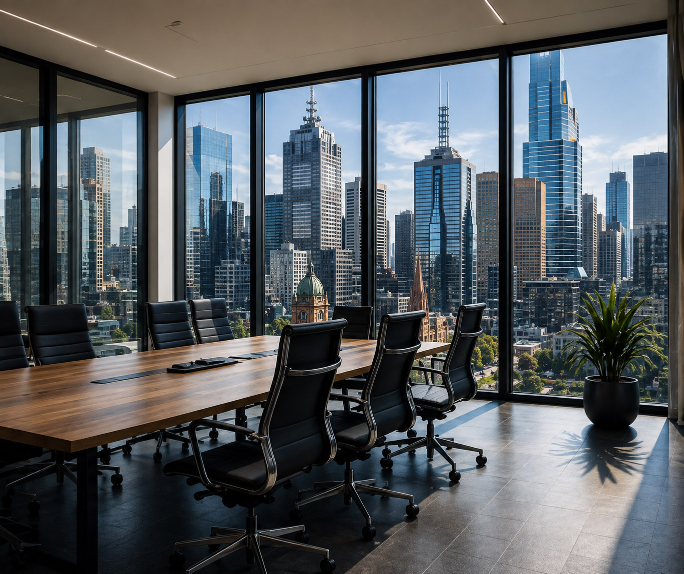 A boardroom beside floor to ceiling glazing with the Melbourne skyline clear through the glass and no glare across the table