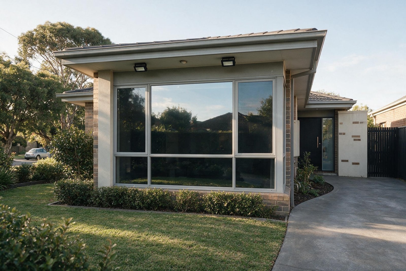 The front of a suburban house in afternoon light, its large living room window reflecting the street, sky and a neighbouring roof rather than showing the room behind
