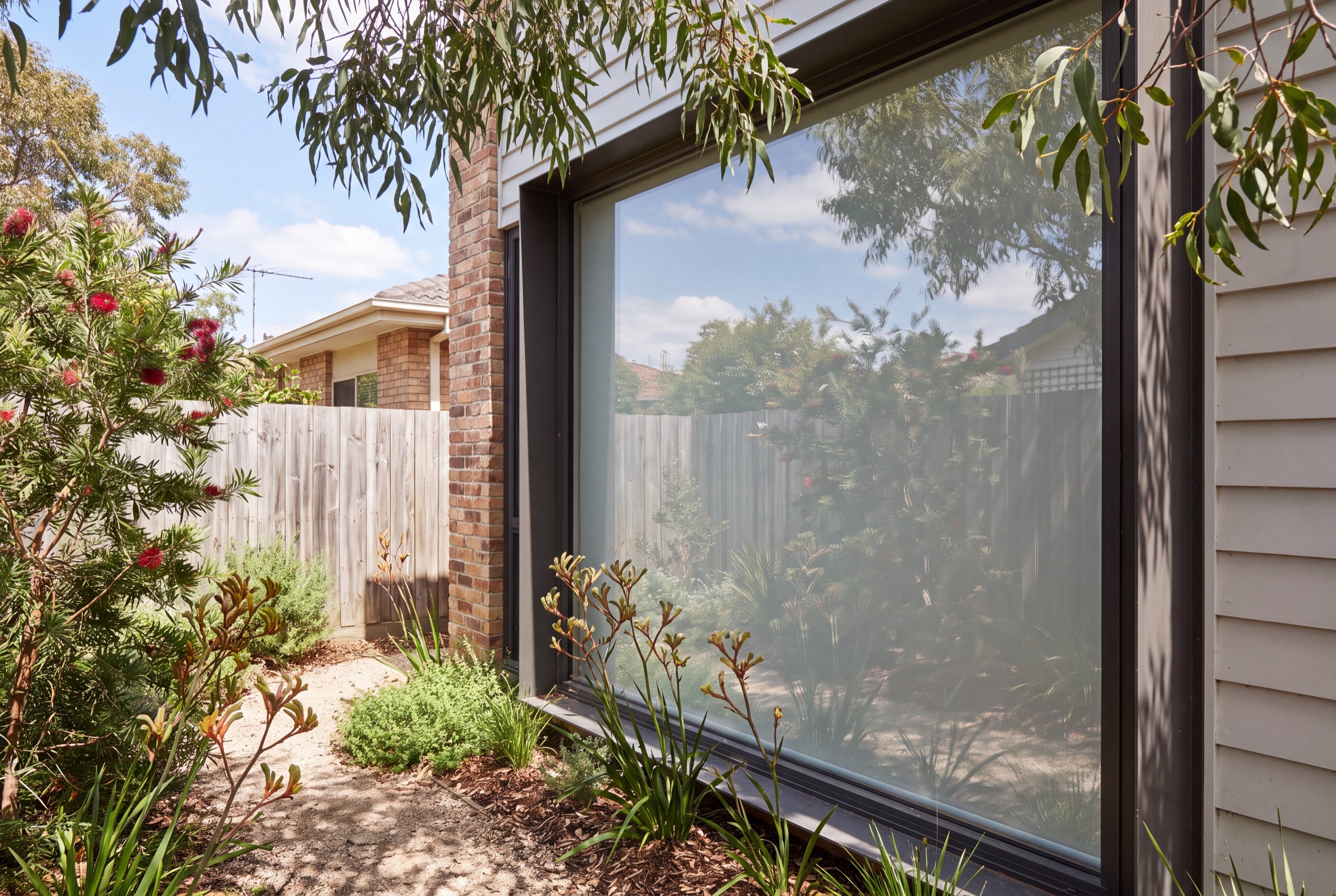 A large ground floor window seen from the garden in daylight, its glass reflecting the paling fence, native shrubs and sky rather than showing the room behind it