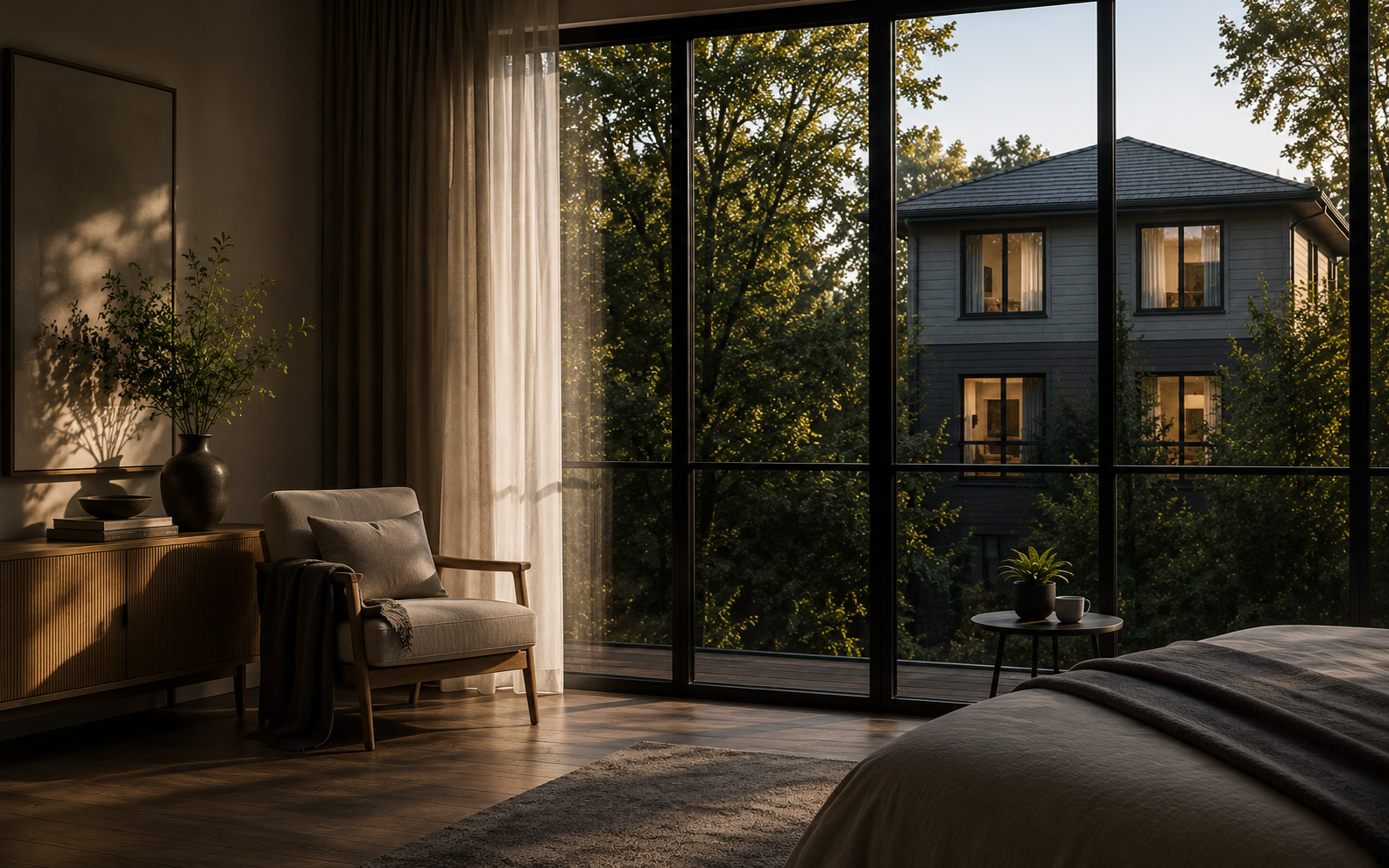 A bedroom at dusk with full height glazing looking out to trees and a neighbouring house, its upstairs windows lit and close enough to see into