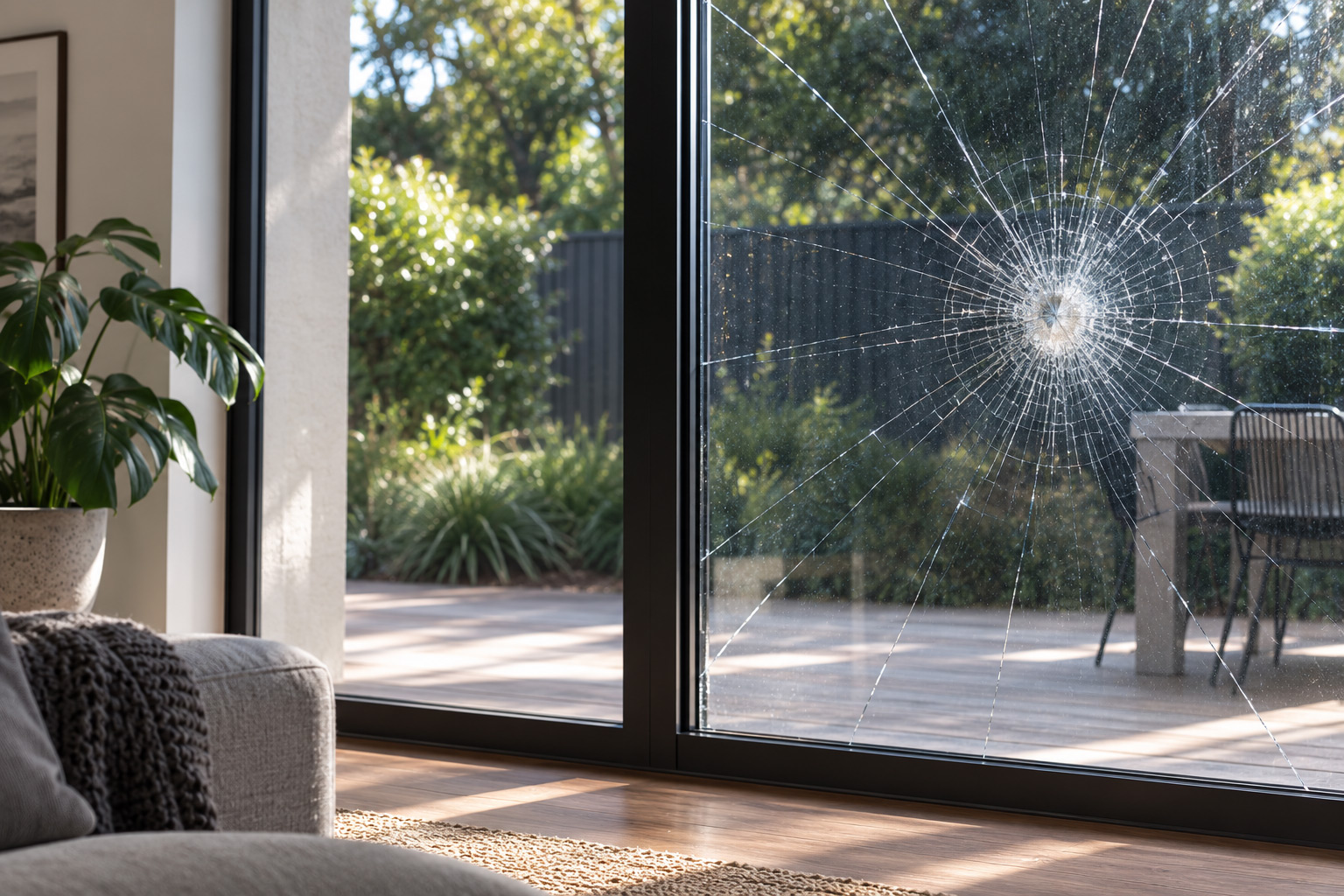 A glazed sliding door after an impact: the pane is fractured in a tight radial pattern and is still standing in its frame, the room beyond it undisturbed