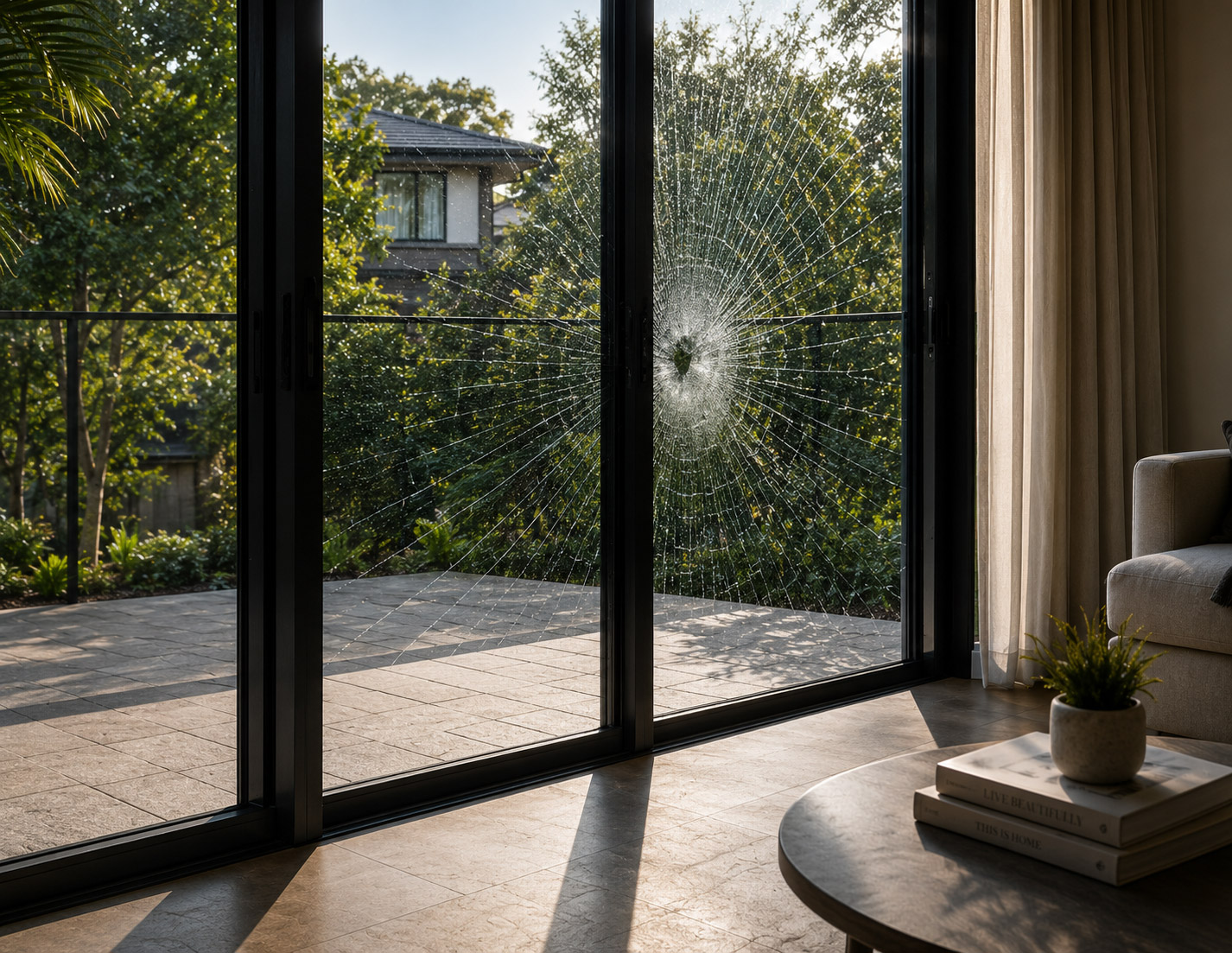 A glazed sliding door after an impact: the pane is fractured across a wide radial pattern and is still standing in its frame