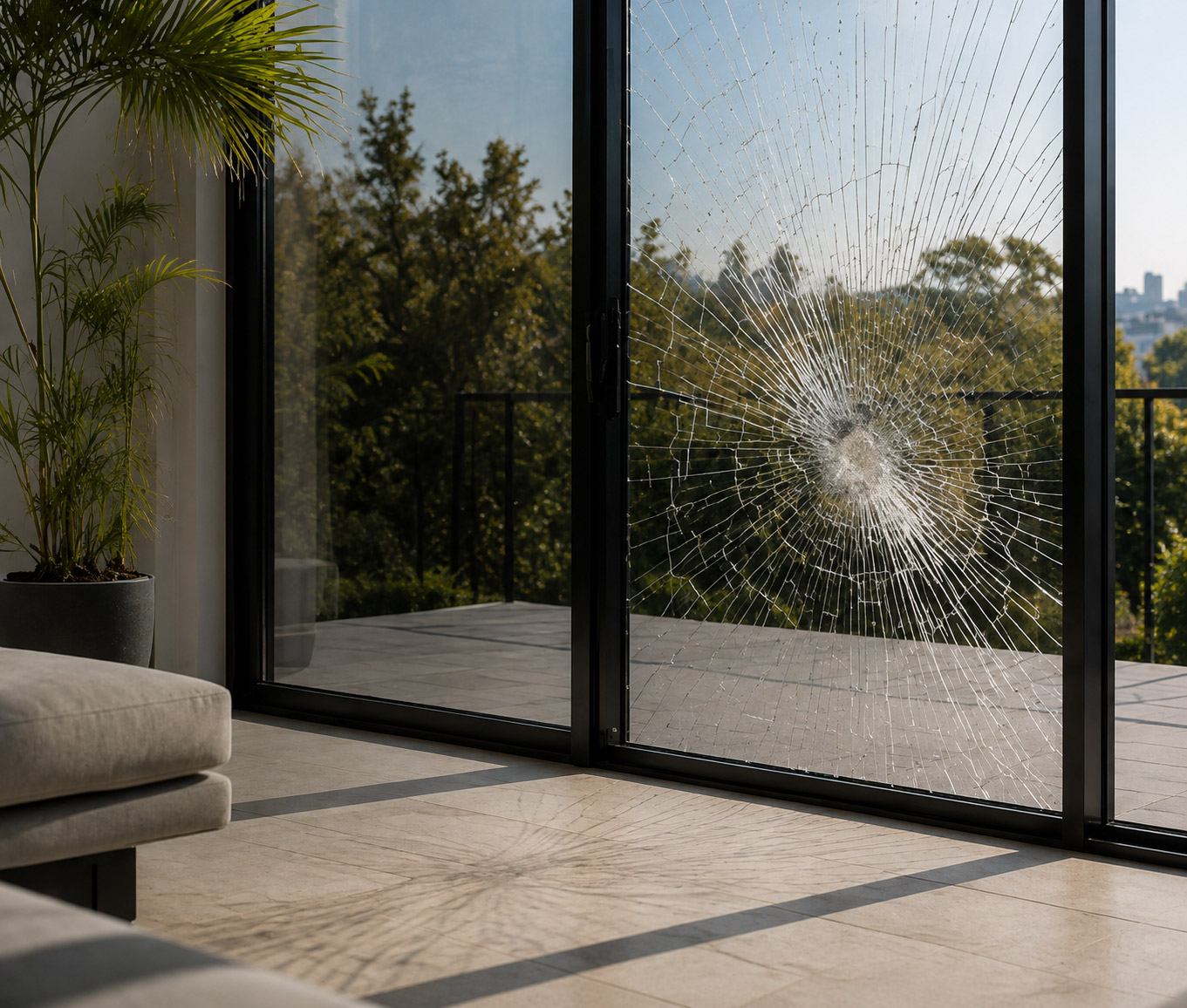 A glazed sliding door after an impact: the pane is fractured in a tight radial pattern and is still standing in its frame