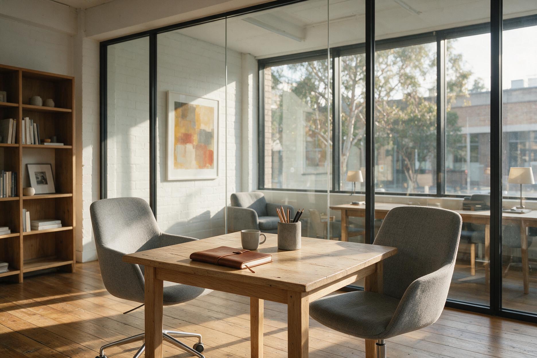 A small workplace behind a glazed partition, afternoon sun falling across a timber table, a bookshelf and a timber floor