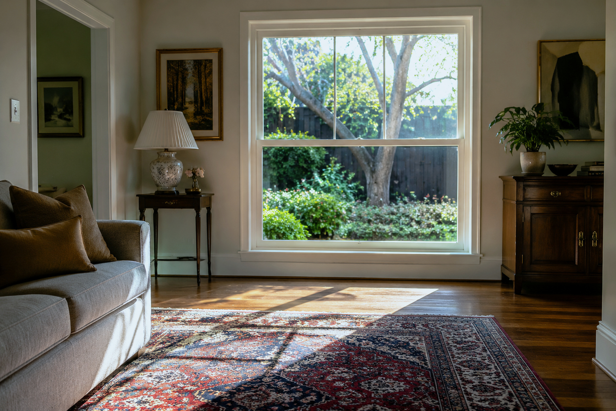 Afternoon sun entering a living room through a large sash window and falling across a timber floor and a patterned rug