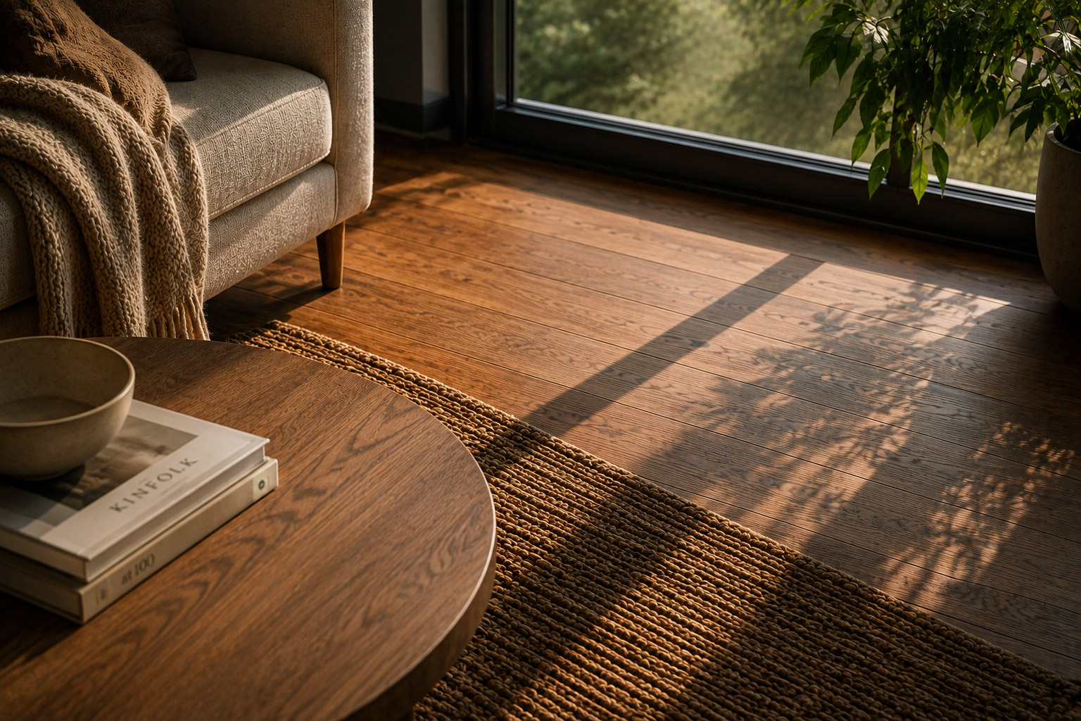 Late afternoon sun raking across a dark timber floor and a jute rug, falling in the shape of the window beside it